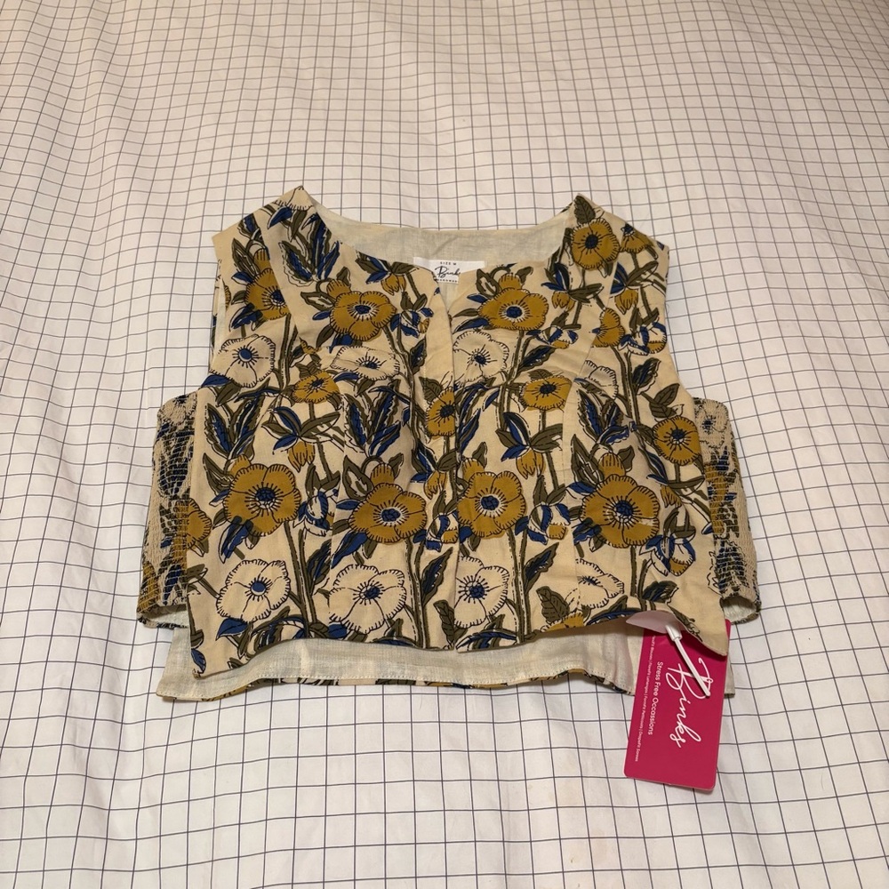 Binks Sleeveless Saree Floral Blouse in Cream Meadow Block Print Cotton Medium